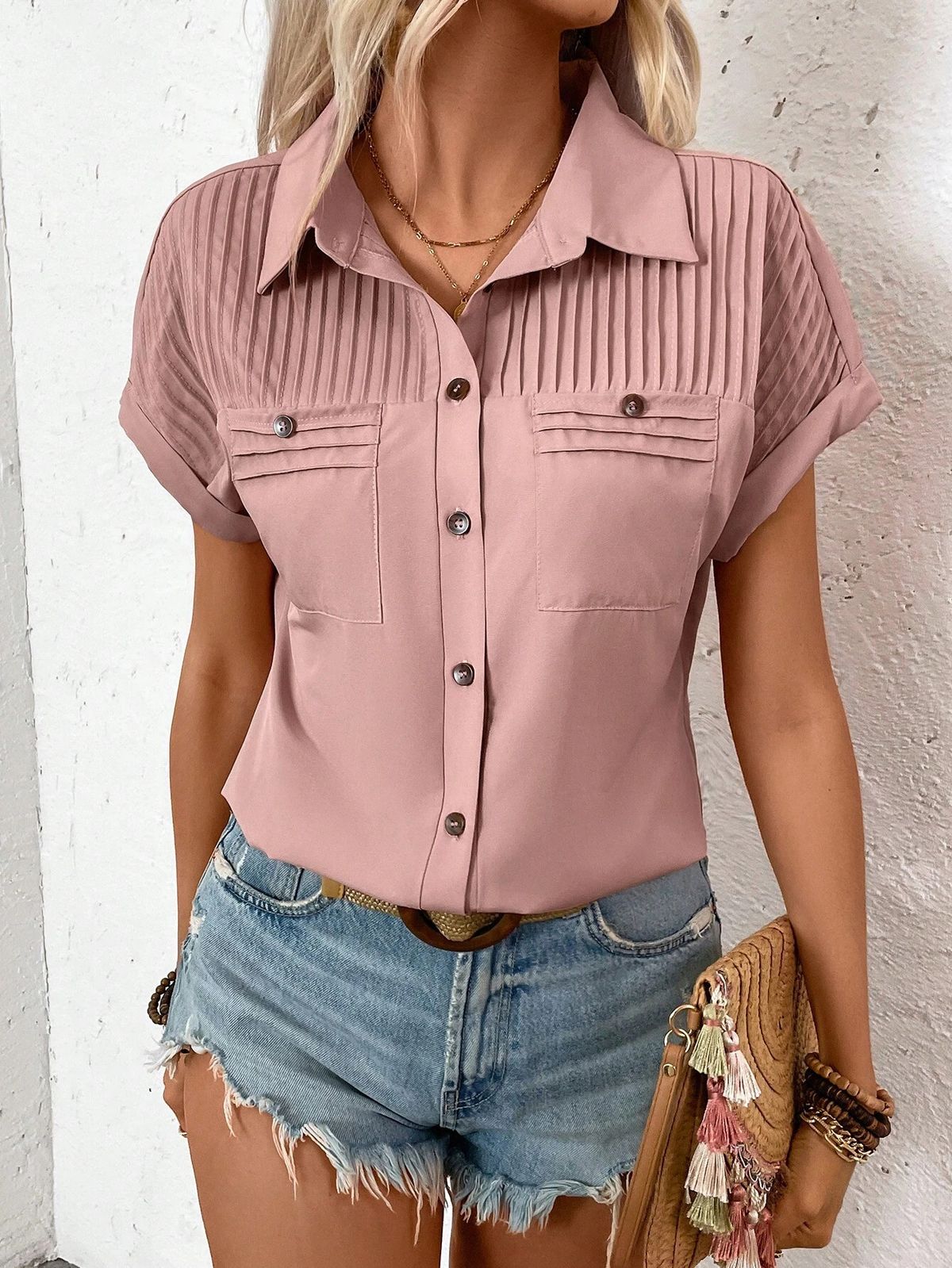 Women's Clothing Solid Color Buckled Lapel Shoulder Pleated Pocket Raglan Short Sleeved Top_ecoleips.com