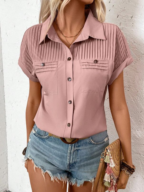 Women's Clothing Solid Color Buckled Lapel Shoulder Pleated Pocket Raglan Short Sleeved Top_ecoleips.com