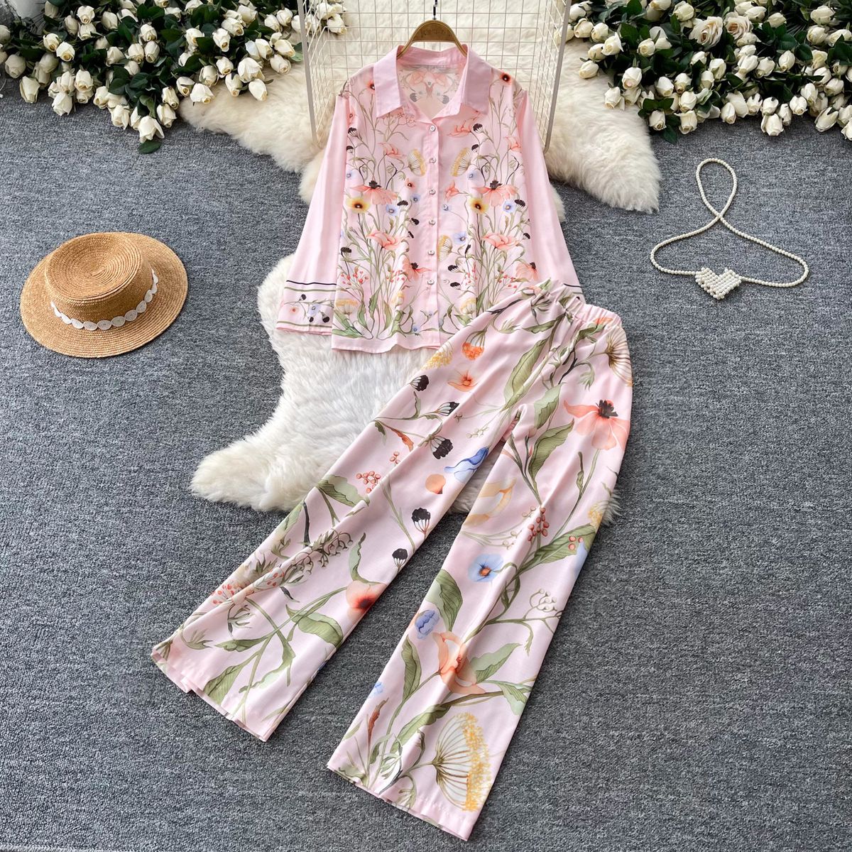 Korean Style Floral Print Two-Piece Set Women's Autumn Polo Shirt & Wide Leg Pants Outfit_ecoleips.com