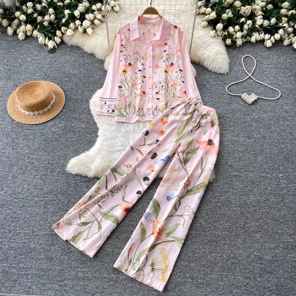 Korean Style Floral Print Two-Piece Set Women's Autumn Polo Shirt & Wide Leg Pants Outfit_ecoleips.com