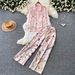 Korean Style Floral Print Two-Piece Set Women's Autumn Polo Shirt & Wide Leg Pants Outfit_ecoleips.com