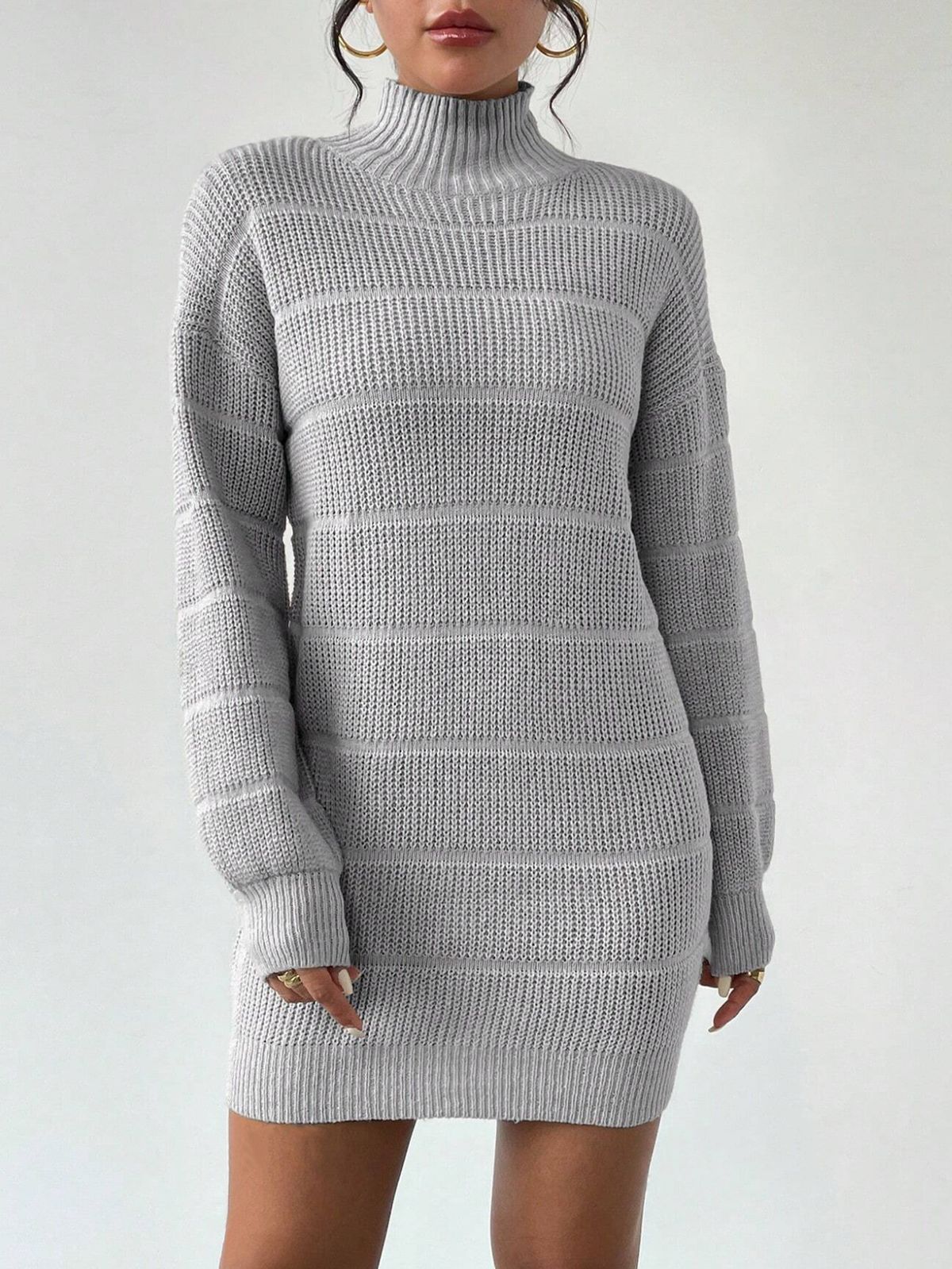Slim-Fit Ribbed Knit Dress – Versatile Mock Neck Long Sleeve Bodycon Dress For Women (Black/White/Wine, S-XL)_ecoleips.com