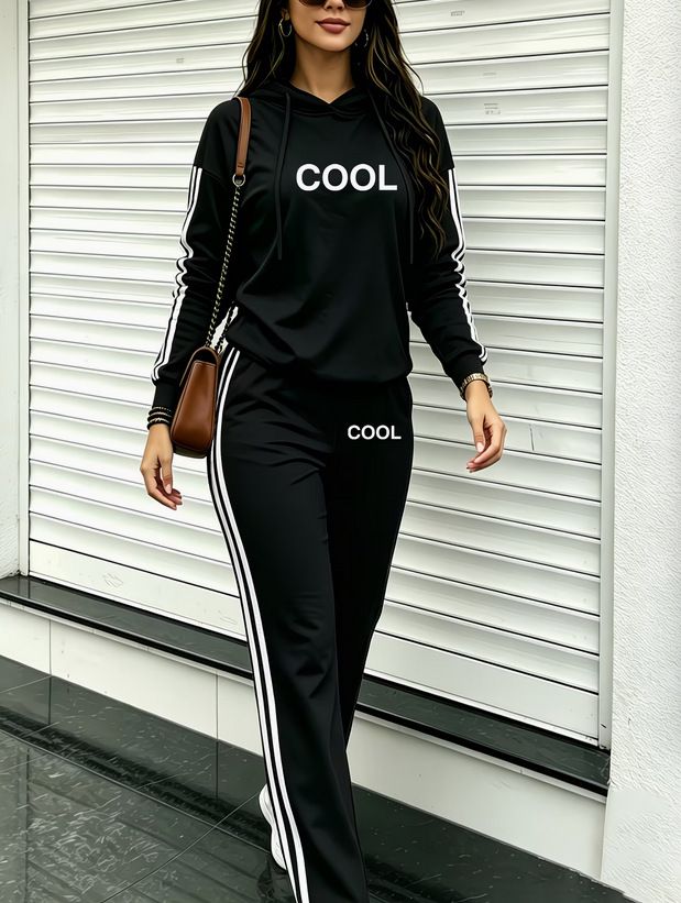 Women's Classic Black And White Striped Hooded Suit Autumn Winter Fashion Casual Vacation Print 2043 New Export Style_ecoleips.com