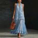 Women's Retro Denim Patchwork Long Dress Casual Sleeveless Ruffle_ecoleips.com