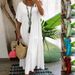 Women's Casual Short Sleeve Dress Asymmetrical Neck Cotton Linen Solid Color_ecoleips.com