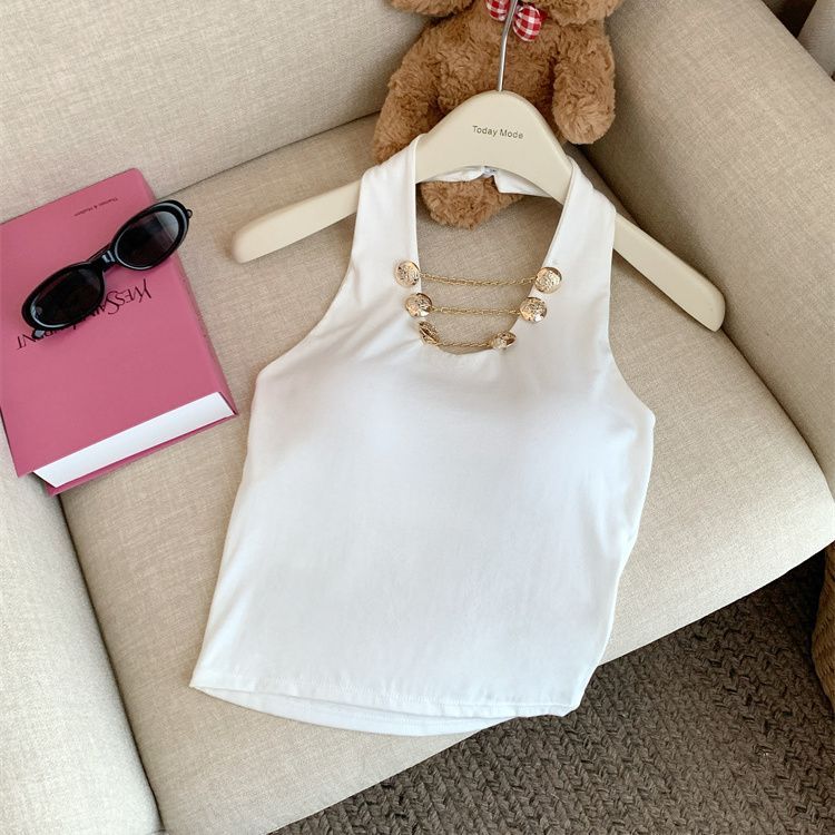 Sultry And Elegant Metallic Chain Low-neck Halter With Chest Pads For Women, Sexy Backless Top_ecoleips.com