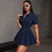 K Women's New Denim Style Casual Waist Cinched Lapel Dress_ecoleips.com