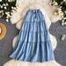 High-Waisted Slimming Denim Midi Skirt Korean Style A-Line Elastic Waist Long Skirt For Women Fashionable Versatile Summer Commuting_ecoleips.com