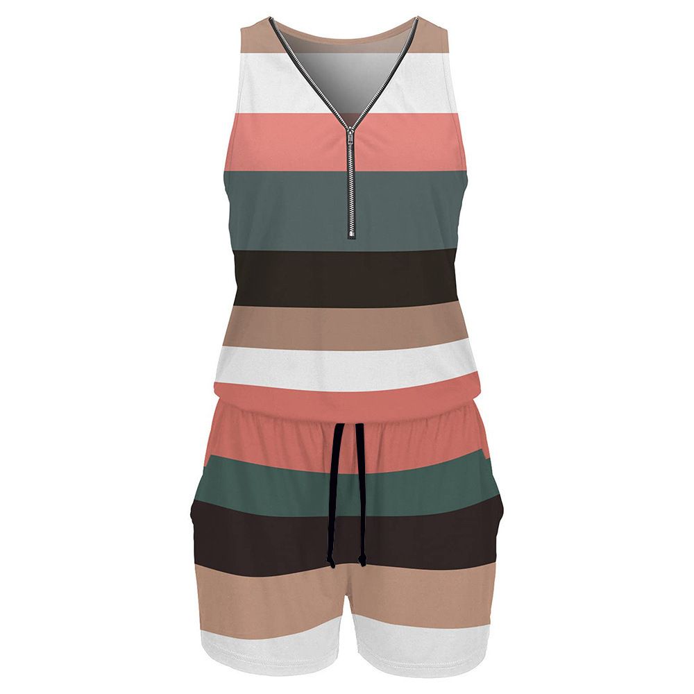 K New Women's V-neck Zipper Striped Sleeveless One-piece Drawstring Shorts_ecoleips.com