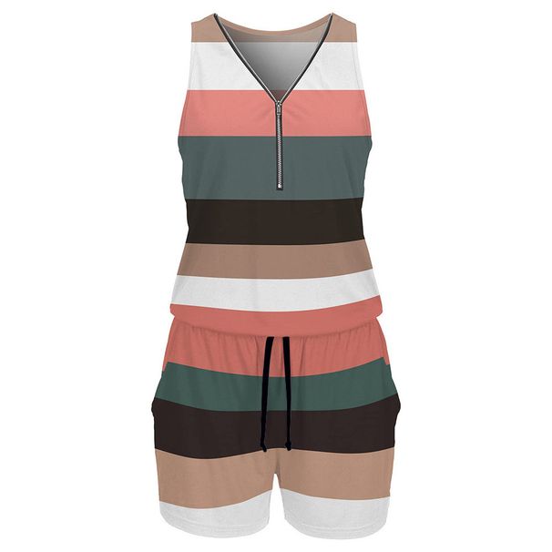 K New Women's V-neck Zipper Striped Sleeveless One-piece Drawstring Shorts_ecoleips.com