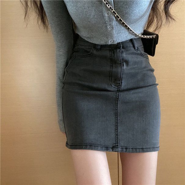 Verve Design Sense One-Step Bodycon Sexy Ash Gray Denim Half Women Slimming A-Line Short Skirt_ecoleips.com