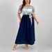 Summer New Plus Size Wrap Dress – Floral Print Off-Shoulder Elegant Office Dress With Belt, A-Line Long Dress For Women (0XL-4XL, Navy Blue)_ecoleips.com