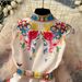 Women's Clothing Retro V Neck Mesh Lantern Sleeve Waist Tie Design Large Swing Print Dress Long Skirt_ecoleips.com