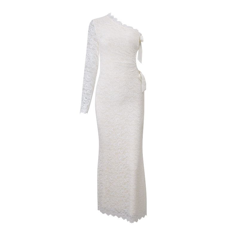 Women's Sexy Lace Bow Hollow Out Long Sleeve One Shoulder Bodycon Mini Dress – Fall Winter Party Gown 2026_ecoleips.com