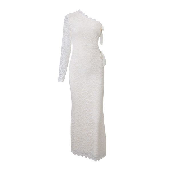 Women's Sexy Lace Bow Hollow Out Long Sleeve One Shoulder Bodycon Mini Dress – Fall Winter Party Gown 2026_ecoleips.com