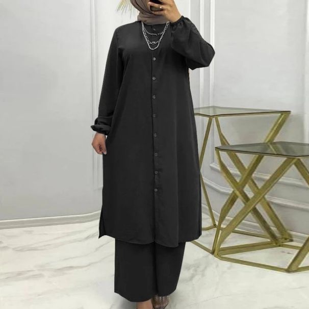 Summer New Solid Color Muslim Casual Women's Cardigan Long Sleeve Wide Leg Pants Two-Piece Set_ecoleips.com