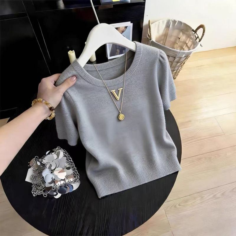 Women's French Style Knit Top Round Neck Off Shoulder Short Sleeve Elegant Fashionable Youthful Summer New_ecoleips.com