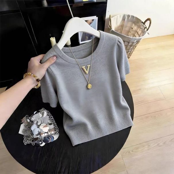 Women's French Style Knit Top Round Neck Off Shoulder Short Sleeve Elegant Fashionable Youthful Summer New_ecoleips.com