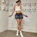 women's american style washed denim mini skirt with lapel rhinestone embroidery light blue lettering_ecoleips.com