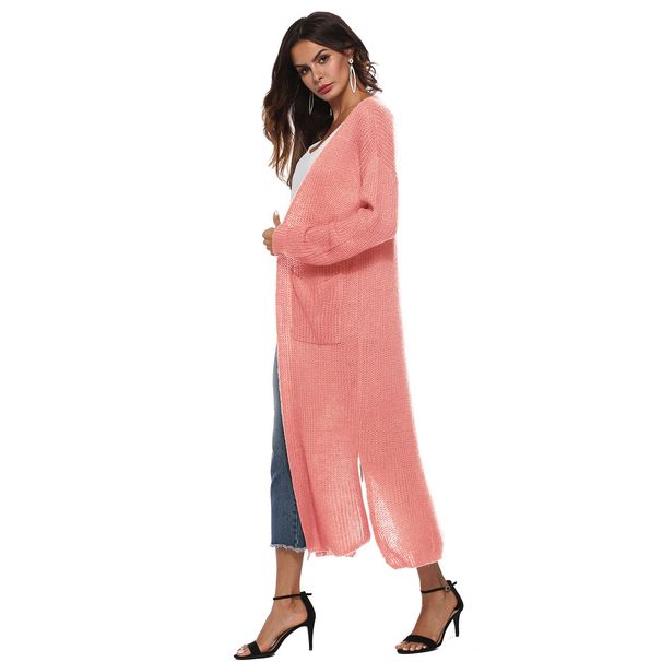 European And American Wool Cardigan Autumn Women's Coat With Slit Large Pocket Long Style_ecoleips.com