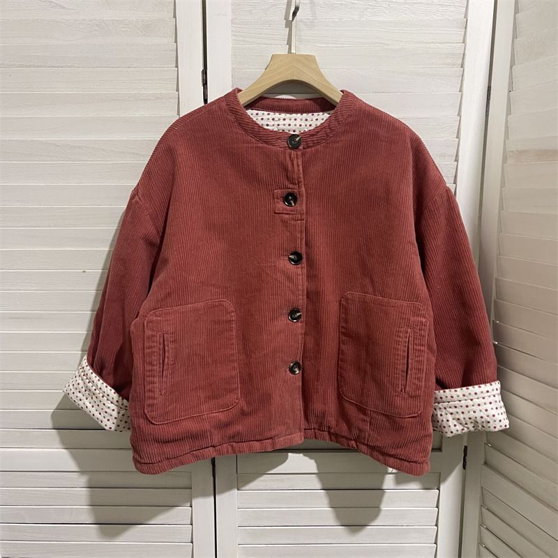 girl Winter Retro Corduroy Quilted Reversible Warm Jacket For Women Loose Fit Versatile Petite Cotton Coat_ecoleips.com