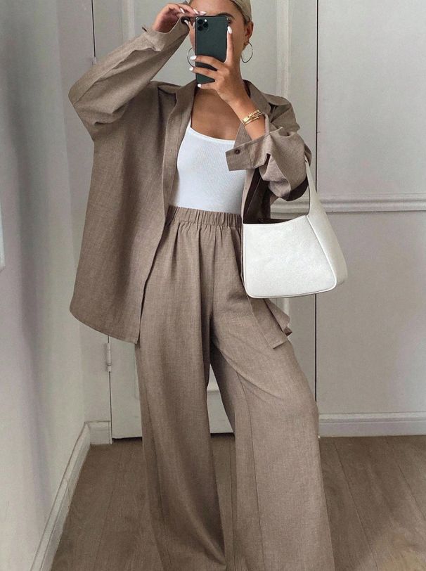 Relaxed Linen Blend Lounge Set, Oversized Long Sleeve Shirt And Wide Leg Pants Two-Piece Outfit For Comfortable Casual Wear_ecoleips.com