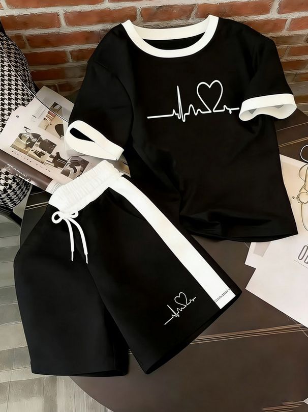 Women's Summer Casual T-Shirt And Shorts Set Heartbeat Love Print Comfortable Loose Fit Lounge Wear_ecoleips.com