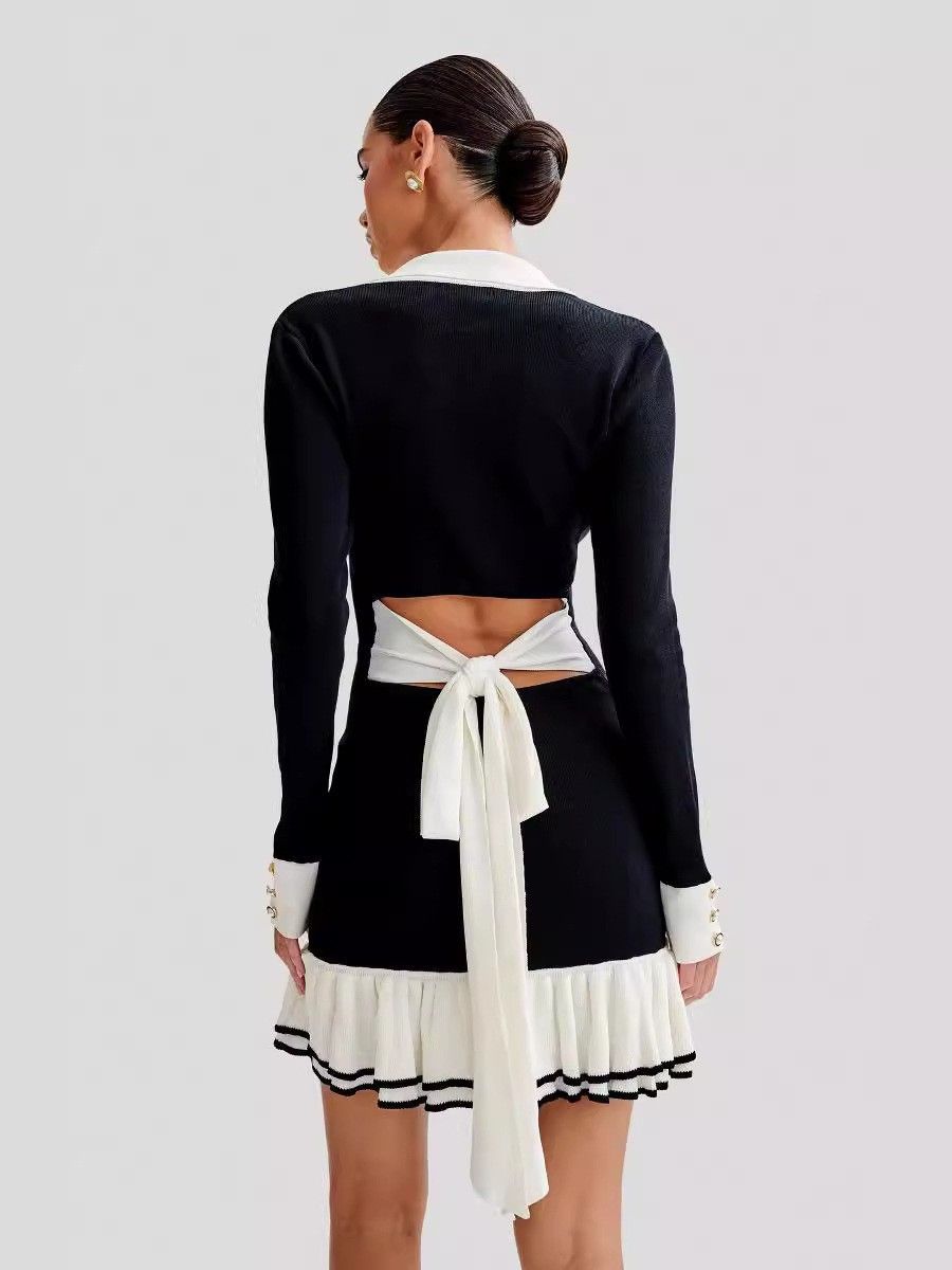 Women's Bow Tie Belt Knit Long Sleeve Pearl Button Tweed Style Ruffled Mini Dress – Elegant Fall Winter Gown_ecoleips.com