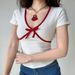 Women's Summer Pure Cotton T-Shirt Color Blocked Short Sleeve Bow Detail Slim Fit Unique Style_ecoleips.com