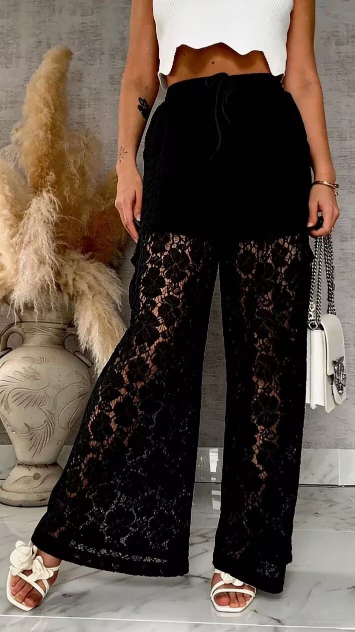 Women's Lace Hollow-Out Wide Leg Pants - Summer Boho Casual Trousers With Floral Embroidery_ecoleips.com