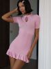 JULISSA MO Knitted Sexy Hollow Out Ruffle Women Dress Pink Short Sleeve Lace Up Dress Female Summer Slim Elegant Party Beachwear_ecoleips.com