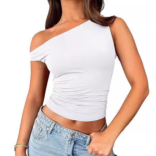 Cross-Border European And American Style Asymmetrical Neck Sexy Hot Girl Solid Color Vest Summer Off-Shoulder Pullover_ecoleips.com