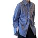 Women's Blue Striped French Style Shirt Loose Fit Versatile Top Sun Protection Elegant Fashion Spring/Autumn Regular Size_ecoleips.com