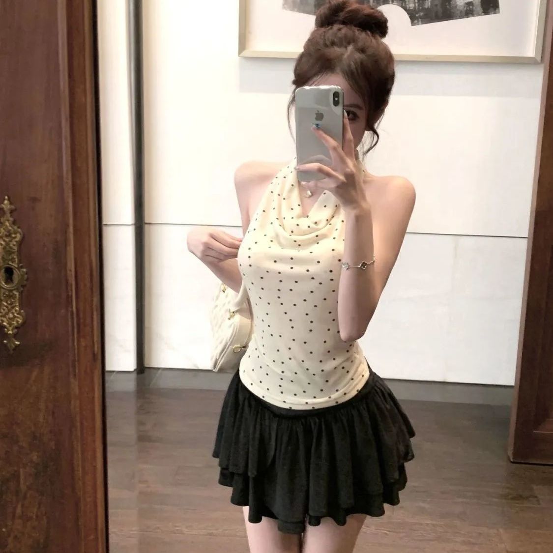 Lace Patchwork Beautiful Back Swing Collar Halter Vest For Women Summer Polka Dot Slim Fit Inner Sweet Spicy Girl_ecoleips.com