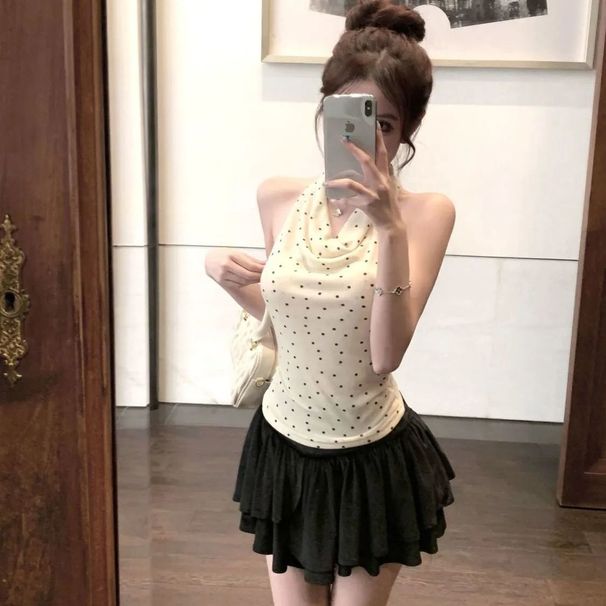 Lace Patchwork Beautiful Back Swing Collar Halter Vest For Women Summer Polka Dot Slim Fit Inner Sweet Spicy Girl_ecoleips.com
