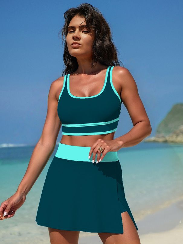 Women's High-Waisted Two-Piece Swimsuit Set European American Style Sexy Solid Color Sports Skirt Swimwear_ecoleips.com