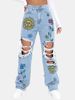Women's Clothing Fashion Ripped Print Straight High Waist Slim Denim Trousers Versatile Trendy Jeans_ecoleips.com
