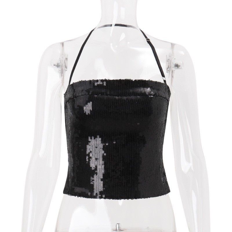 Cross-Border 2025 Autumn New Women's Sexy Pure Desire High-End Sequin Halter Neck Short Inner Vest_ecoleips.com