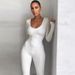 Voya Women's European And American Hot Girl Design Irregular Low-Cut Sexy Long-Sleeve Elegant Top Fashion Solid Color Jumpsuit_ecoleips.com
