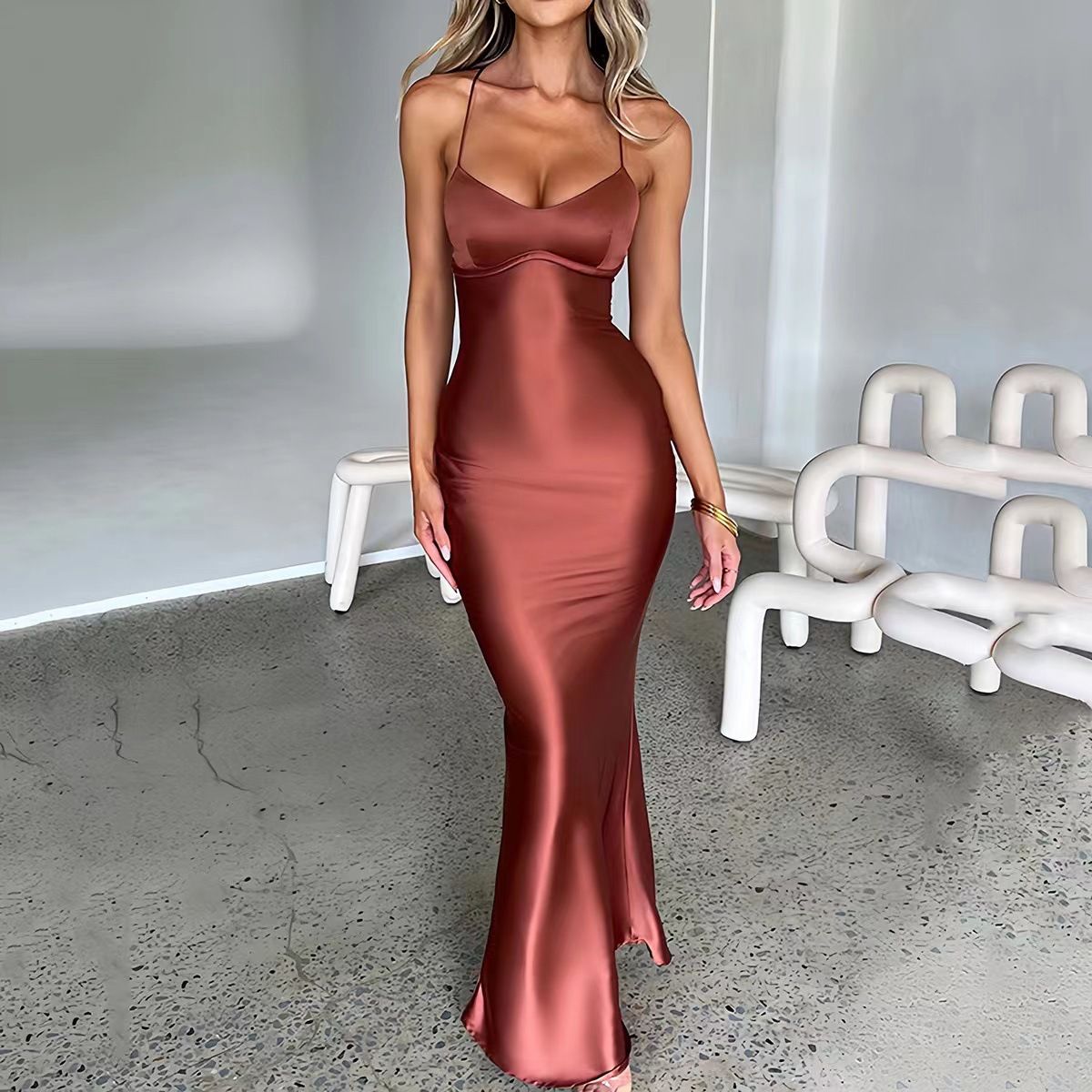 Satin Backless Wrap Dress For Women - Elegant Sexy Strappy Bodycon Evening Gown With High Slit, Formal Party Cocktail Dress_ecoleips.com