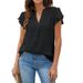 K Women's New V-neck Pleated Lotus Leaf Sleeve Fur Ball Top Shirt_ecoleips.com