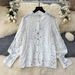 French Style Women's Age Reducing Suit Crochet Lace Lantern Sleeve Blouse High Waisted Knee Length Skirt Fashionable Set_ecoleips.com