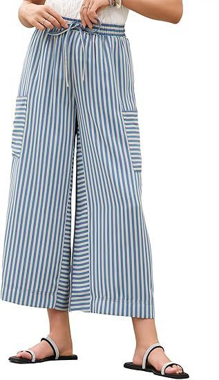 Women's Blue And White Striped Wide Leg Pants Casual Loose Cropped Style With Pockets Spring/Summer New Fashion_ecoleips.com