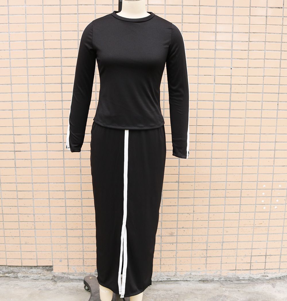 K New Fashion Long Sleeve Solid Color Split Two Piece Skirt Set For Women_ecoleips.com