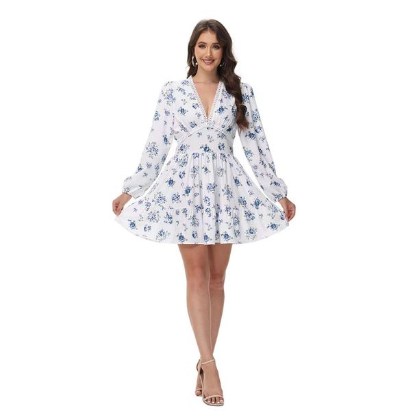 Spring Women's Dress With Sweet Floral Print And V-Neck Lace, Short Length_ecoleips.com