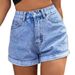 Women's High-Waisted Denim Shorts Versatile Solid Color Summer Shorts From Rolled Up Bottoms_ecoleips.com