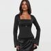 Voya Unique Design Black Top For Women With Square Neckline, M-shaped Metal Buckle, Pleated Details, Slightly Flared Long_ecoleips.com