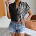 Women's Two Tone Color Block Floral Button Cardigan Short Sleeved Shirt Casual Style Top_ecoleips.com