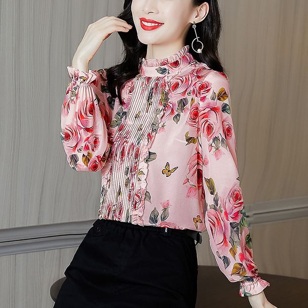 Floral Print Chiffon Blouse – Elegant Peplum Top With Stand Collar & Flutter Sleeves (S-3xl, Breathable Acetate Blend)_ecoleips.com