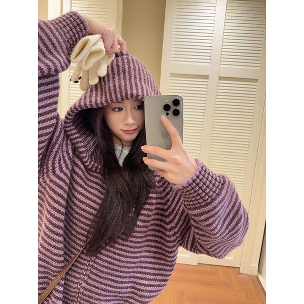 Arctic Fleece Long Sleeve Tops Knitted Sweaters Women's Winter Striped Zipper Cardigan Jackets Hooded Warm Sweaters Whol_ecoleips.com
